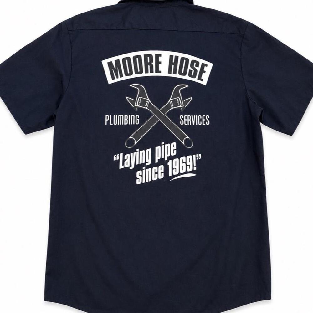Moore Hose Plumbing Service Navy Graphic Workwear Tee Vintage Style 1969 XL